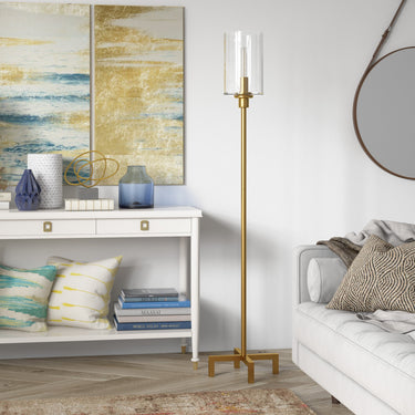 Brass Torchiere Floor Lamp With Clear Glass Drum Shade